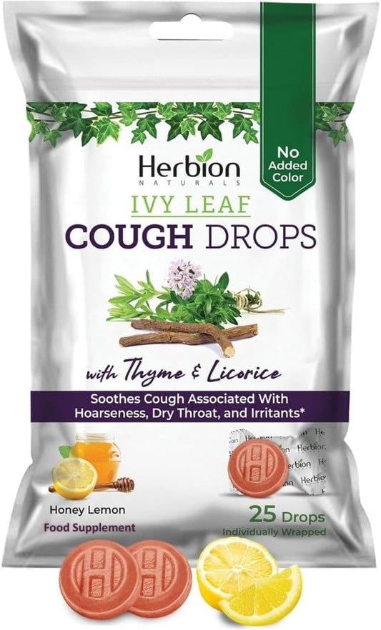 Herbion Naturals Ivy Leaf Cough Drops with Thyme & Licorice, Honey Lemon Flavor, Soothes Cough, for Adults & Children Over 6 Years, 25 Drops