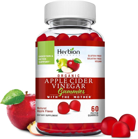 Herbion Naturals Organic Apple Cider Vinegar Gummies with The Mother, Digestion & Detox Support, Natural Apple Flavor, Vegan ACV Gummies, Made in The USA, 60 Count