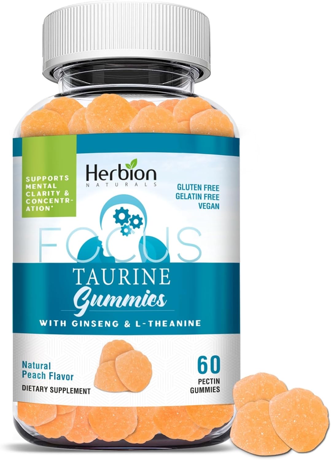 Herbion Naturals Taurine Gummies with Ginseng, L-Theanine, Vitamin C, B3, B6, & B12, Helps Support Mental Clarity & Concentration*, Natural Peach Flavor, 60 Pectin Gummies, Made in USA