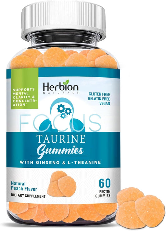 Herbion Naturals Taurine Gummies with Ginseng, L-Theanine, Vitamin C, B3, B6, & B12, Helps Support Mental Clarity & Concentration*, Natural Peach Flavor, 60 Pectin Gummies, Made in USA