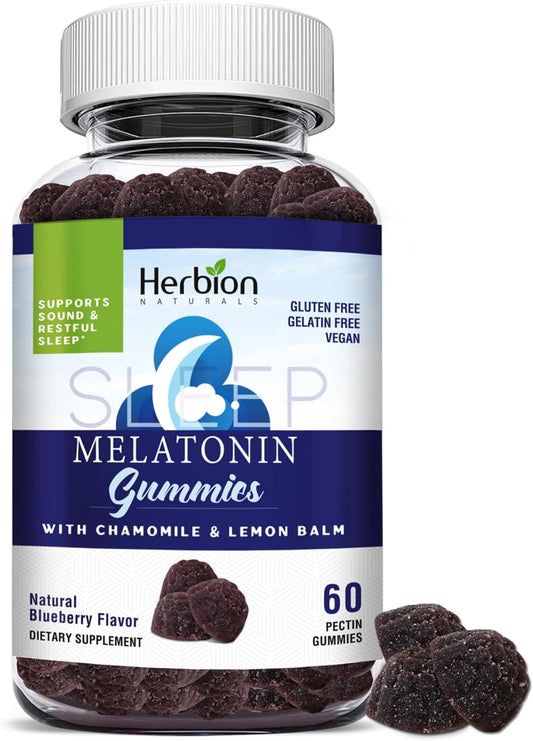 Herbion Naturals Melatonin Gummies with Herbal Blend, Helps Enhance Sleep & Facilitate Relaxation*, Natural Blueberry Flavor, Gluten-Free, 60 Pectin Gummies, Vegan, Made in USA