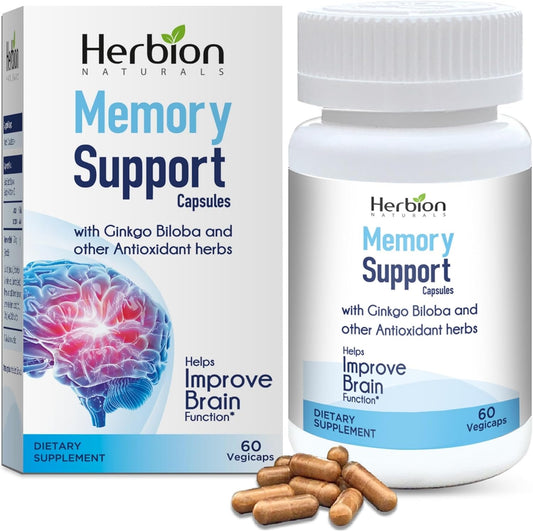 Herbion Naturals Memory Support Capsules – helps improve Brain Function & Absent Mindedness, Fatigue, Soothes Stress & Improves Mood - for Adults - 60 Vegicaps