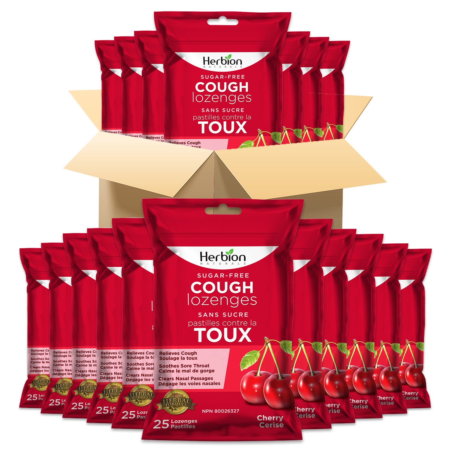 Herbion Naturals Sugar-Free Herbal Lozenges – Cherry Flavour, 25 Pieces (Pack of 40 Pouches)