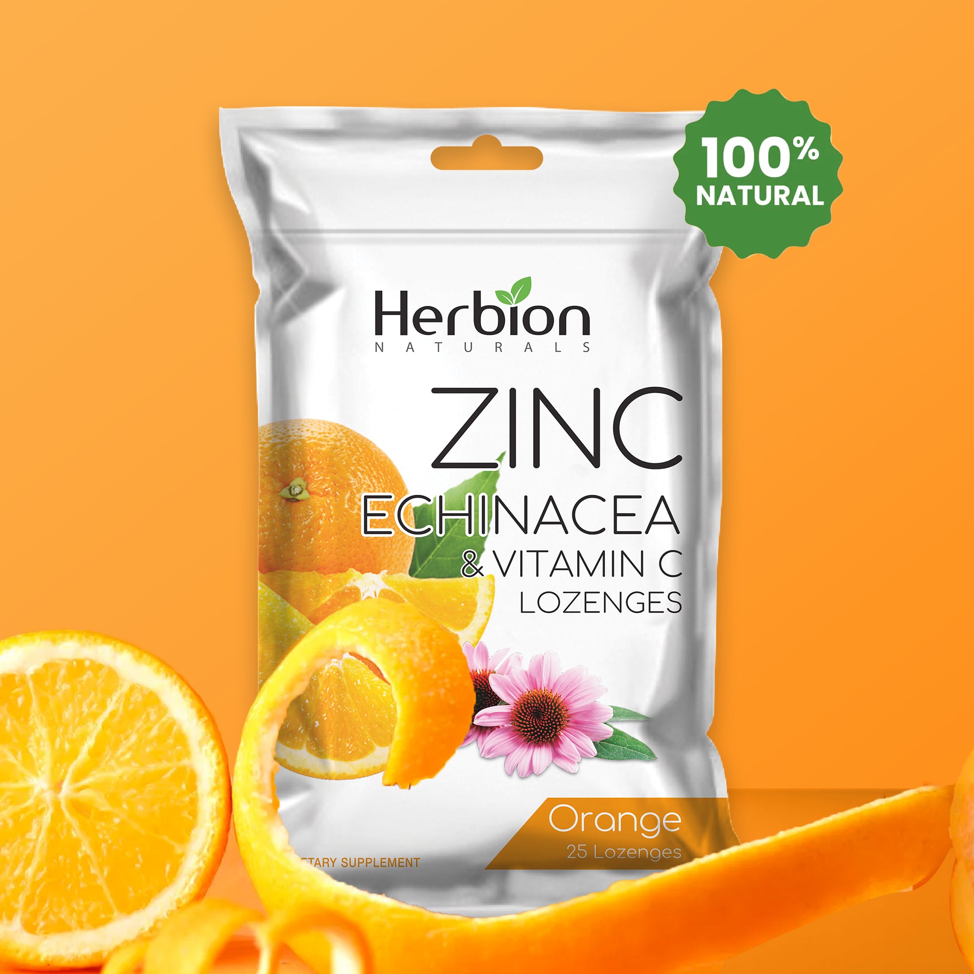 Herbion Naturals Zink, Echinacea & Vitamin C Lutschtabletten mit natürlichem Orangengeschmack - 25 CT - Nahrungsergänzungsmittel - Unterstützt das Immunsystem - Fördert die allgemeine Gesundheit für Erwachsene und Kinder 5+